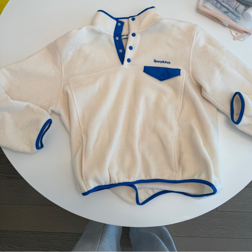 Sporty & Rich Fleece Buttoned Polar Sweatshirt - Blue/Cream, Size L